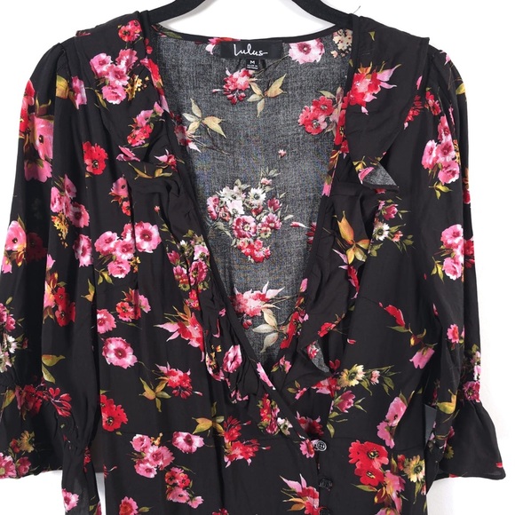 Lulus Midnight Magic Black Floral Print Ruffled Midi Dress Size MEDIUM - Picture 14 of 16